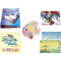 Children's Gift Bundle [5 Piece] -  Gigamic Quads  - Jurassic World Velociraptor "Blue" Figure  - Ty Beanie Buddy Coral The Fish 8" - Friends of a Feather: One of Life's Little Fables  - Journey to   